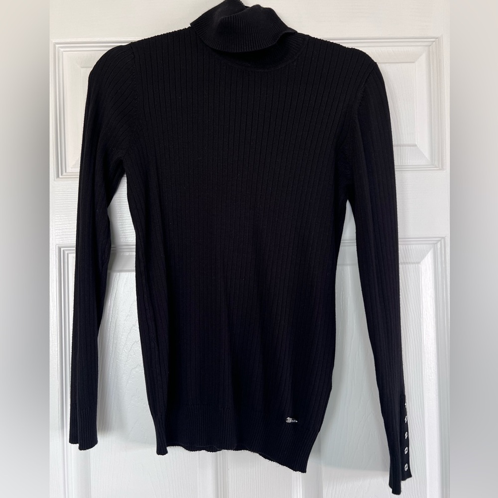 Calvin Klein black, ribbed turtleneck with metal details, size S